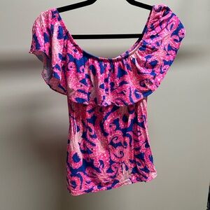 Lilly Pulitzer Vibrant Pink and Blue Off-Shoulder Blouse